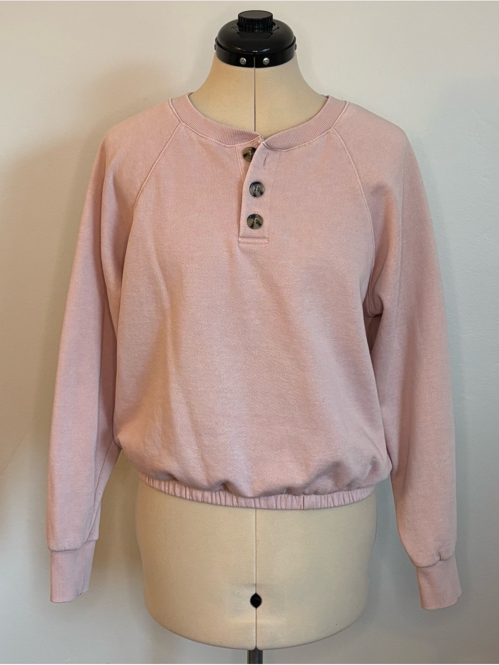 Hippie Rose Light Mauve Pink Pullover Sweatshirt Fleece Lined Button Crew Neck M
